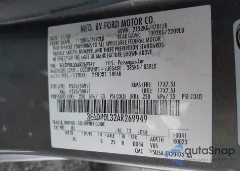 2010 Ford Fusion Hybrid из США, поврежденный, VIN 3FADP0L32AR269949
